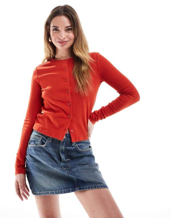 コットンオン レディース アウター カーディガン コットン ジャージー CottonOn Cotton On button up jersey cardigan pointelle RED POPPY レッド