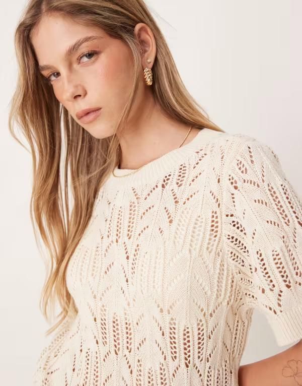 ヴィラ レディース トップス Tシャツ ニット Vila short sleeve open knitted tshirt in birch cream Birch クリーム