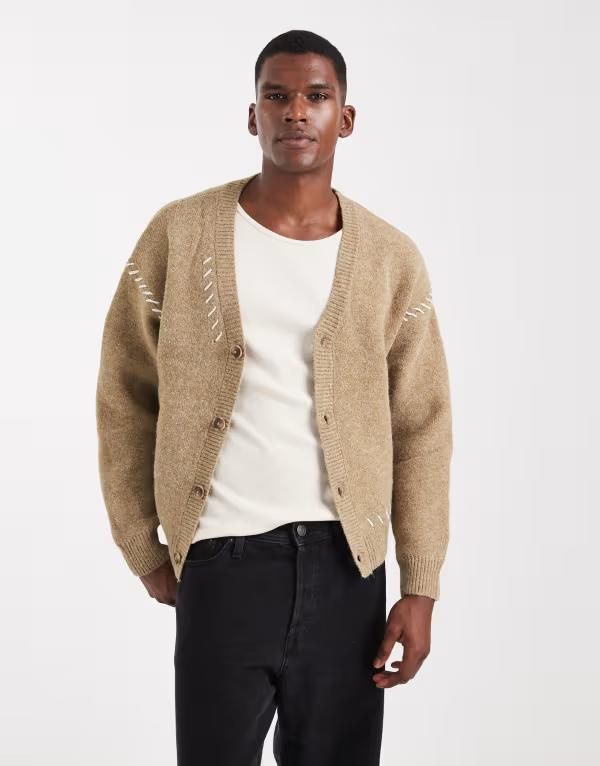 コットンオン メンズ アウター カーディガン ニット Cotton On boxy fit knit cardigan in wheat WHEAT WHIPSTITCH