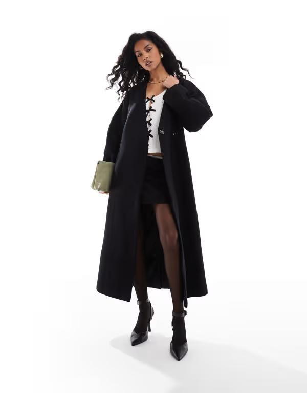 エイソス レディース アウター コート ウール ASOS DESIGN collarless nipped waist wool mix coat Black ブラック