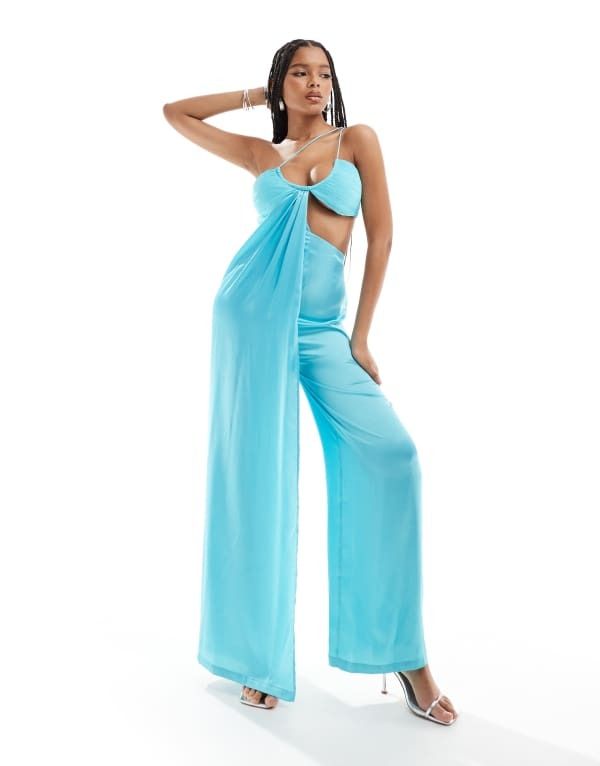 エイソス レディース トップス ジャンプスーツ ワイドレッグ シフォン カットアウト サテン ASOS DESIGN satin chiffon mix cut out wide leg jumpsuit in turquoise Turquoise ターコイ