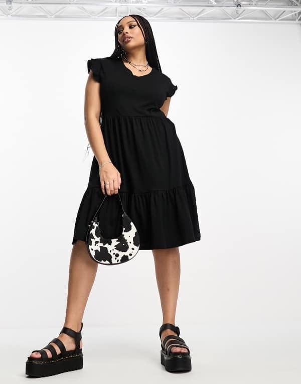 オンリーカーブ レディース トップス ワンピース ティアード ミニワンピース ミニ Only Curve tiered mini dress Black ブラック