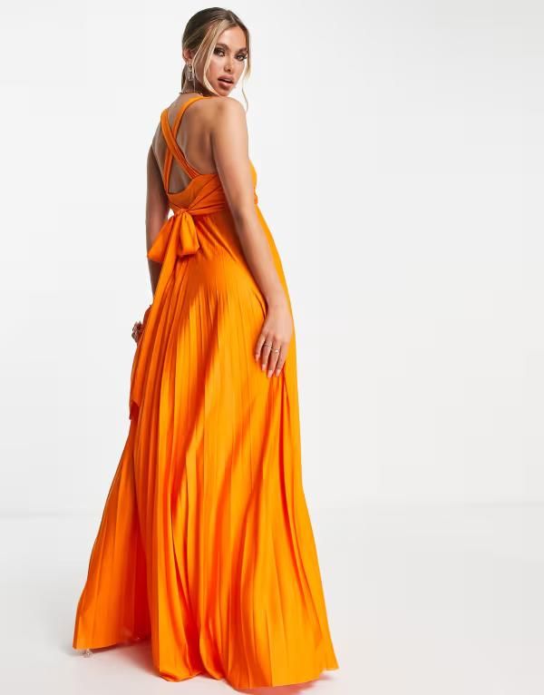 エイソス レディース トップス ワンピース プリーツ マキシ ホルター ASOS DESIGN plunge halter cross back self tie pleated maxi dress in orange オレンジ