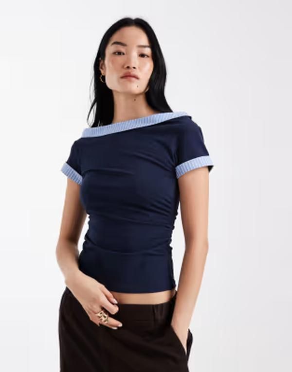 エイソス レディース トップス Tシャツ ASOS DESIGN hybrid fallen shoulder striped poplin hem top NAVY ネイビー
