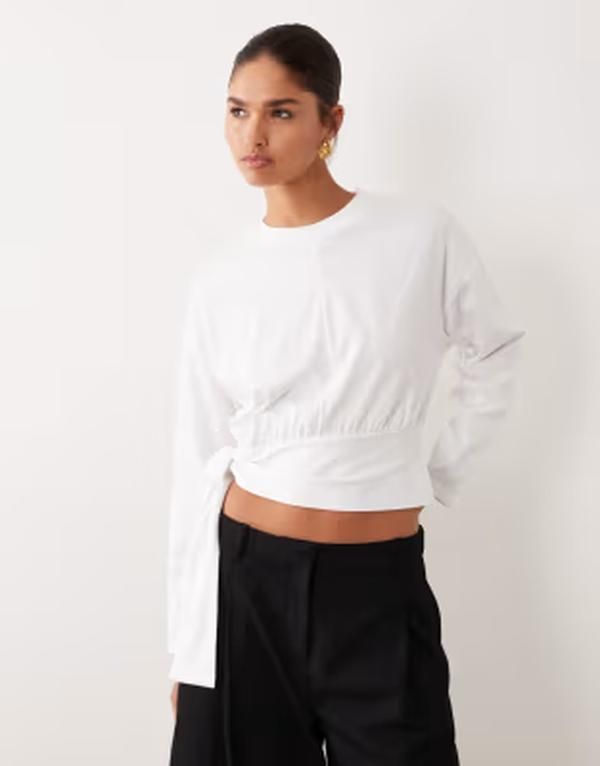 エイソス レディース トップス Tシャツ ドレープ ASOS DESIGN long sleeve with drape top WHITE ホワイト