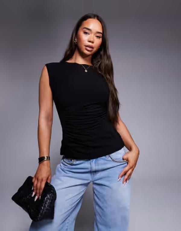 エイソス レディース トップス シャツ ギャザー コットン ASOS DESIGN cotton ruched tank top Black ブラック
