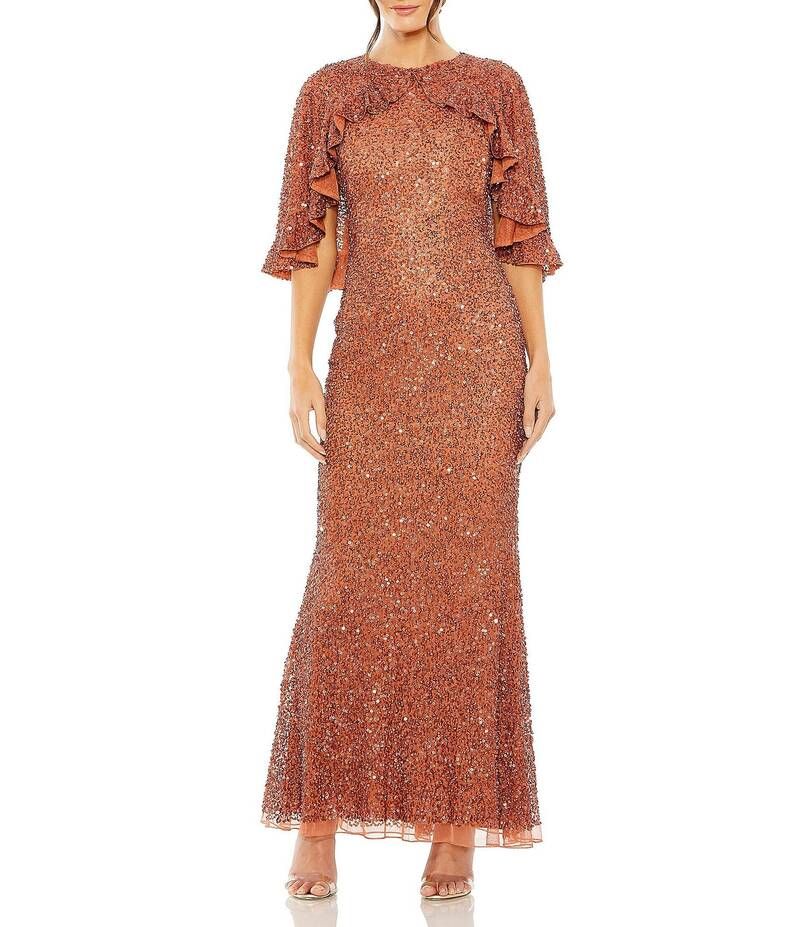 マックダガル レディース トップス ワンピース ケープデザイン ハイネック フリル メッシュ キャップ ケープ Mac Duggal Beaded Mesh High Neck Ruffle Cape Gown Nutmeg