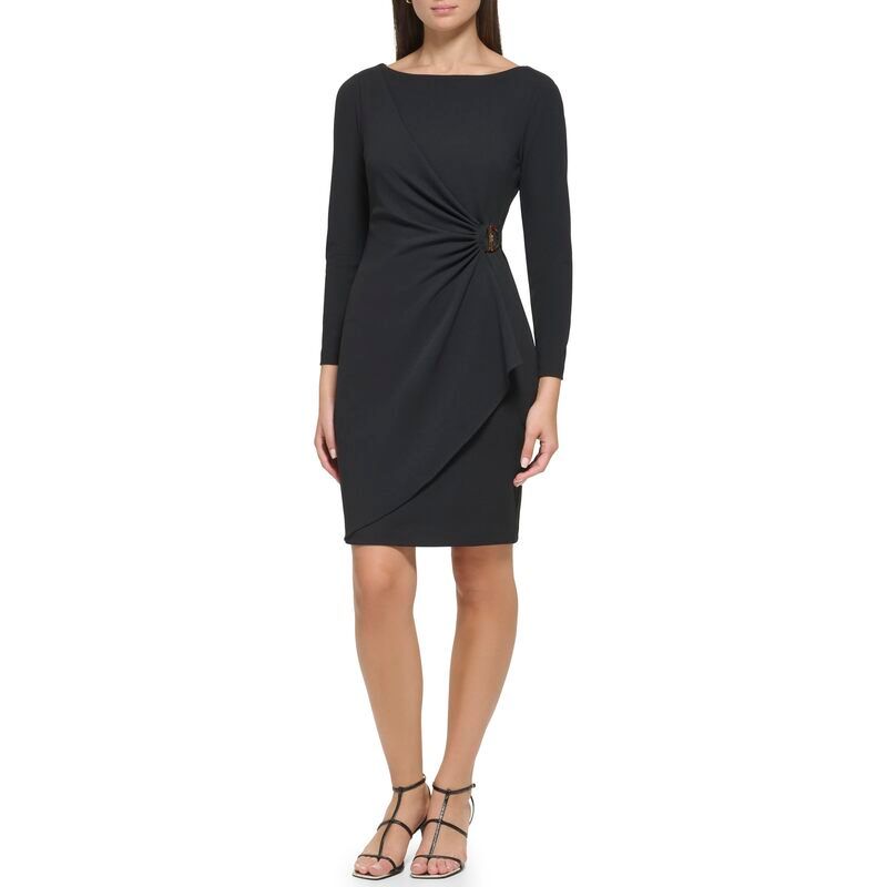 ダナ キャラン ニューヨーク レディース トップス ワンピース クレープ スキューバ DKNY Long Sleeve Double D Hardwear Scuba Crepe Black ブラック