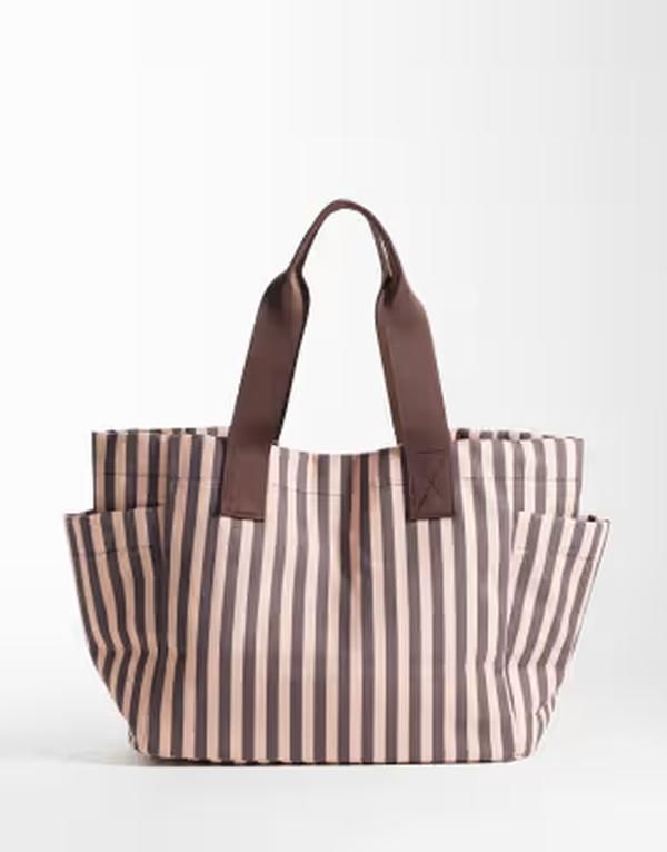 エイソス レディース バッグ ASOS DESIGN striped canvas multi pocketote bag in light pink and chocolate PINK AND CHOCOLATE ピンク