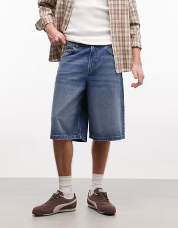 コルージョン メンズ ボトムス ハーフパンツ・ショーツ デニム COLLUSION denim skater jorts in mid wash blue ブルー
