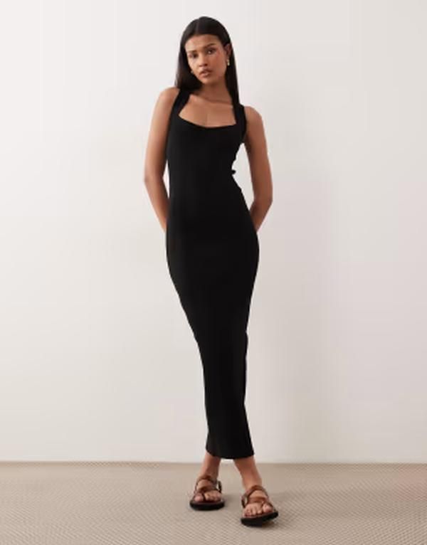 エイソス レディース トップス ワンピース ミディ ASOS DESIGN scoop front racer seam detail midi dress Black ブラック