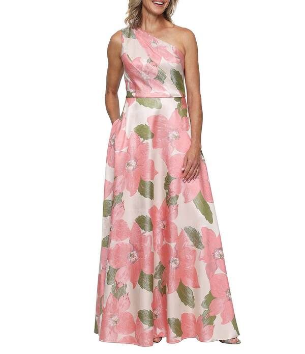 アレックスイブニングス レディース トップス ワンピース フラワー柄 プリント フラワー Alex Evenings One Shoulder Floral Print Jacquard Gown Coral Multi コーラル