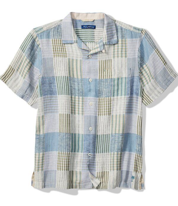 トッミーバハマ メンズ トップス シャツ パッチワーク トール リネン Tommy Bahama Big Tall Patchwork Sands Linen Blend Short Sleeve Woven Camp Shirt Biscotti Tan タ
