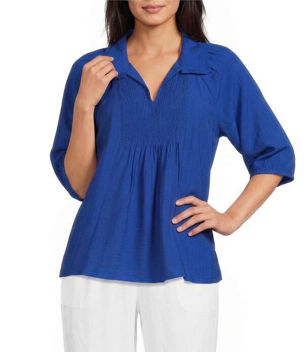 アリ マイルス レディース トップス シャツ Ali Miles Woven Point Collar Shirred Split Neck Elbow Length Raglan Sleeve Popover Top Electric Blue ブルー