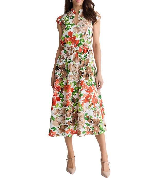カスパール レディース トップス ワンピース フラワー柄 プチ プリント ミディ キャップ フラワー Kasper Petite Cap Sleeve Floral Printed Flutter Cap Sleeve Midi Dress Vanilla I