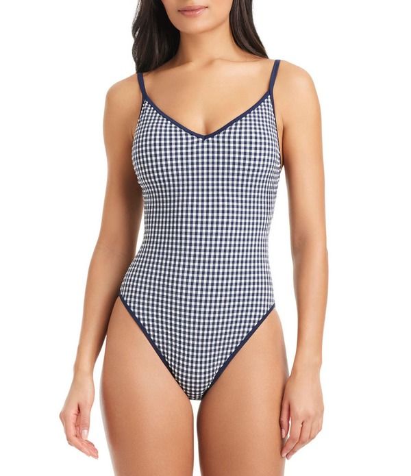 サンクチュアリー レディース トップス ワンピース ギンガムチェック ギンガム Sanctuary Check Me Out Gingham High Leg Cut Scoop Neck Tank One Piece Swimsuit Navy Mood ネ
