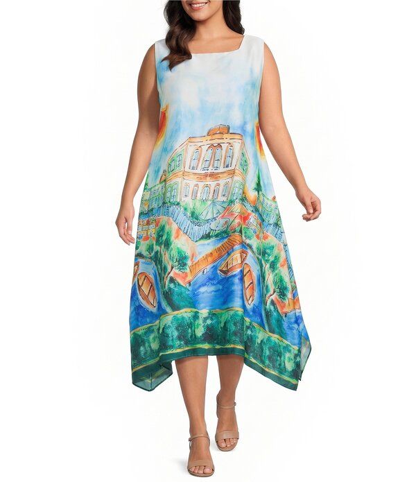アイシーコレクション レディース トップス ワンピース プラスサイズ プリント ノースリーブ ICollection Pluscenic Print Square Neck Sleeveless Dress Multi マルチカラー