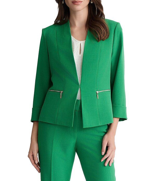 カスパール レディース アウター コート クレープチ カーディガン Kasper Petite Size Open Front Crepe Zipper Pockets Cardigan Lush Green グリーン
