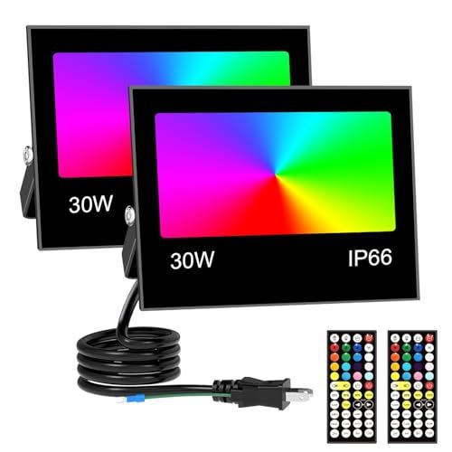 【注目の投光器 リモコン操作 2個 】30W RGB 投光器 カラーライト LED 雰囲気 フラッド ライト 屋外 庭園の樹木 RGB + 2700K 暖色光照明 3000LM 調光調節 16 種カラー 8 種モード 4 つタイマー 日常照明 504b4bdd