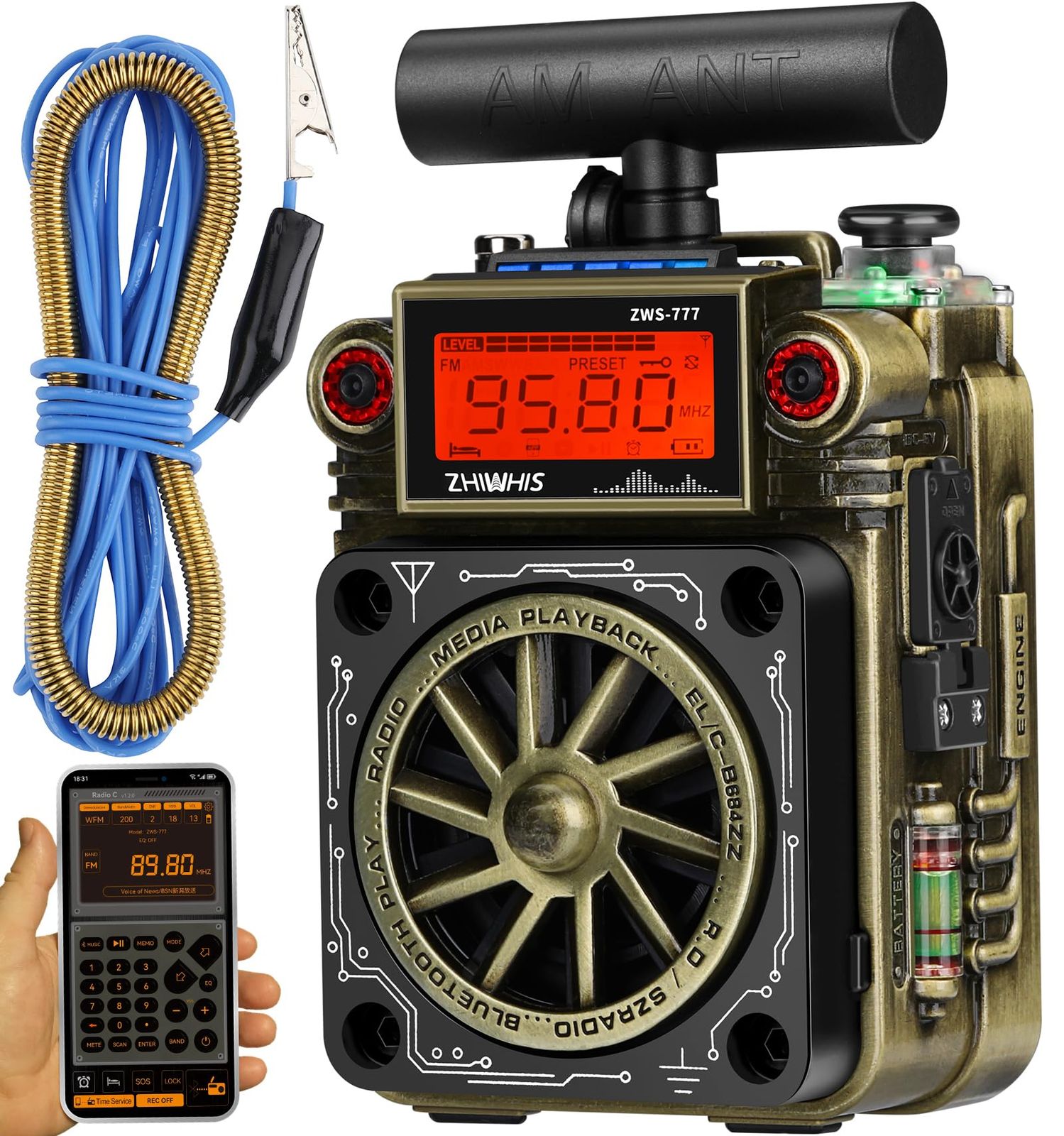 新品 ZHIWHIS Bluetoothスピーカー BCLラジオ FM AM SW T型アンテナ付き/SOSアラーム/APPコントロール/重低音/MicroSDカード対応/10時間連続再生/タイマー/USB-C充電式/技適取得済 コンパクト 防災アウトドア20