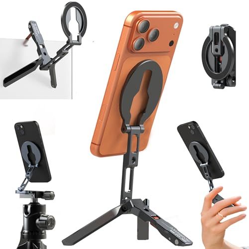 スマホ三脚 ミニ三脚 ?上スマホホルダー magsafe対応 三脚マウント 折りたたみ式 多機能スマホスタンド 軽量 アルミ合金製 マグネットマウント 360度回転 スマホスタンド マグセーフ ポケットスタンド 超?磁力 1/4インチネジ穴＆ e7de3492