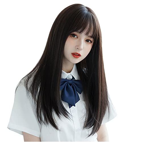 Villo ウィッグ ロング ストレート ウイッグ セミロング 黒髪 女装 フルウィッグ ロリータ コスプレ かつら wig 小顔 自然 耐熱 ネット ギフト ボックス 付（黒茶）pms 38614af2