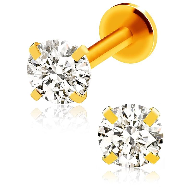 [From da Phactory] Set of 2 Standing Nail Jewel Labret Surgical Stainless Steel Cartilage Piercing Body Piercing Metal Allergy Compatible Internal (Gold Diamond 16g Shaft 8mm Gem 5mm)