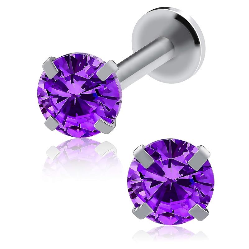[From da Phactory] Set of 2 Standing Nail Jewel Labret Surgical Stainless Steel Cartilage Piercing Body Piercing Metal Allergy Compatible Internal (Silver Amethyst, 18g Shaft, 8mm Gem, 4mm)