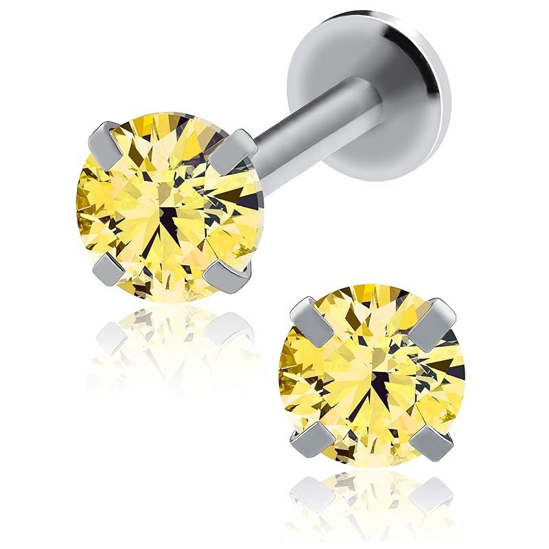 [From da Phactory] Set of 2 Standing Nail Jewel Labret Surgical Stainless Steel Cartilage Piercing Body Piercing Metal Allergy Compatible Internal (Silver Yellow Topaz 18g Shaft 6mm Gem 4mm)