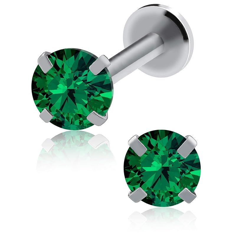 [From da Phactory] Set of 2 Standing Nail Jewel Labret Surgical Stainless Steel Cartilage Piercing Body Piercing Metal Allergy Compatible Internal (Silver Emerald 16g Shaft 6mm Gem 5mm)