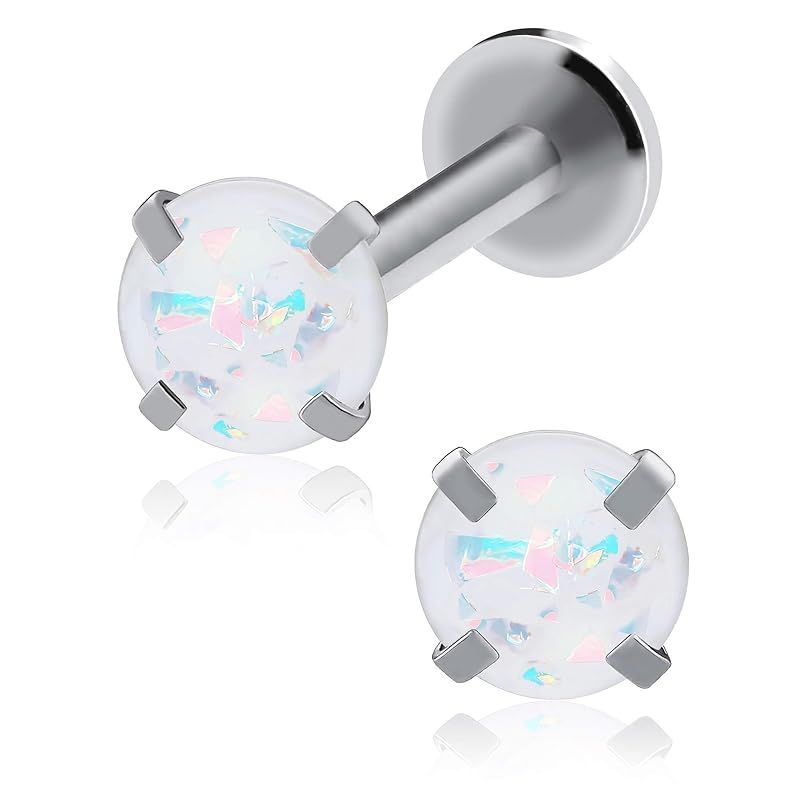 [From da Phactory] Set of 2 Standing Nail Jewel Labret Surgical Stainless Steel Cartilage Piercing Body Piercing Metal Allergy Compatible Internal (Silver Opal 14G Shaft 8mm Gem 3mm)