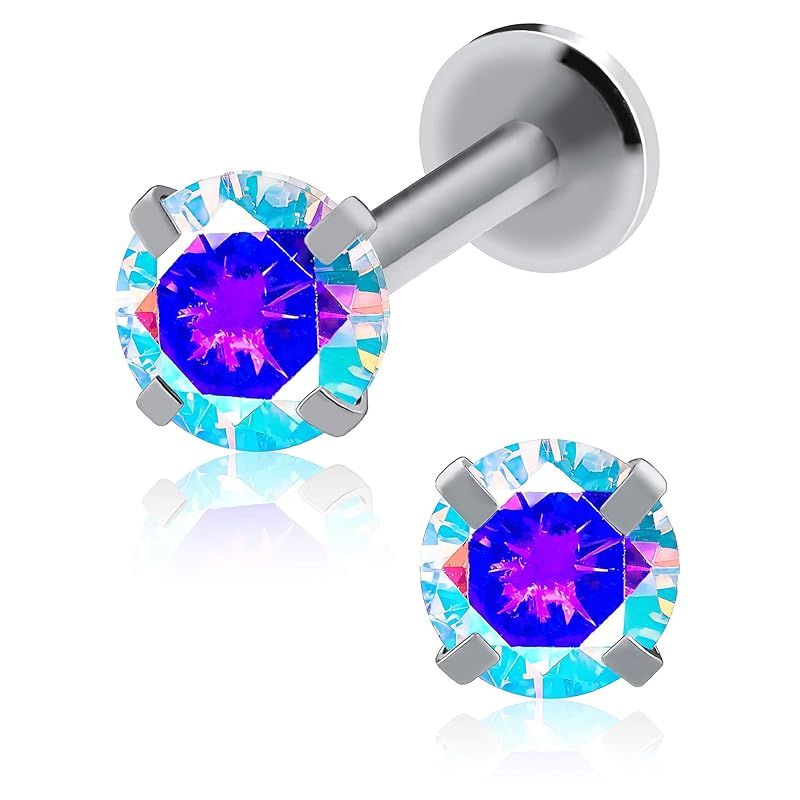 [From da Phactory] Set of 2 Standing Nail Jewel Labret Surgical Stainless Steel Cartilage Piercing Body Piercing Metal Allergy Compatible Internal (Silver Aurora 16g Shaft 8mm Gem 5mm)