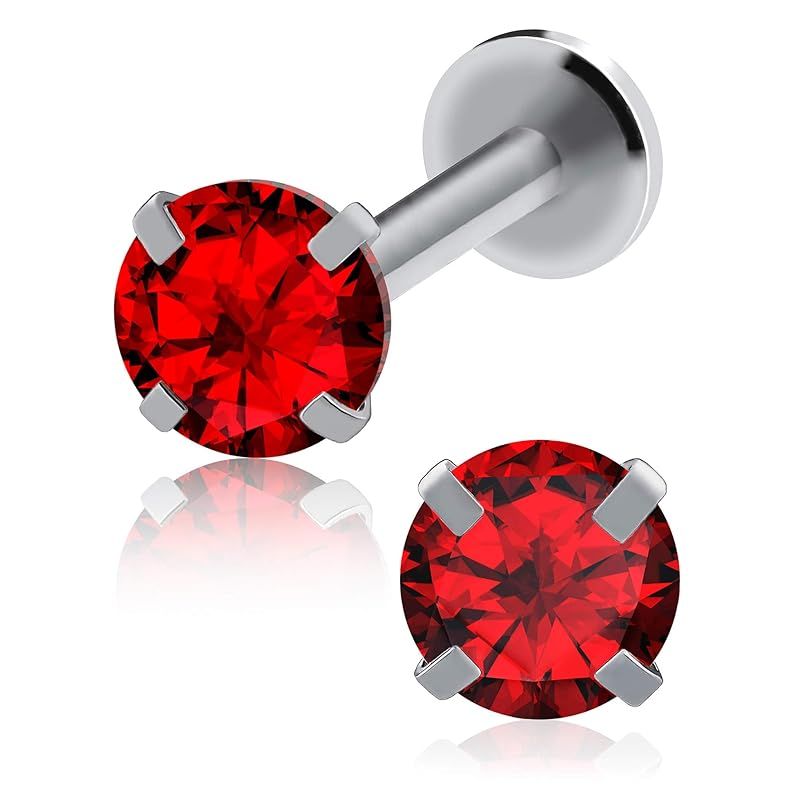 [From da Phactory] Set of 2 Standing Nail Jewel Labret Surgical Stainless Steel Cartilage Piercing Body Piercing Metal Allergy Compatible Internal (Silver Garnet 14G Shaft 6mm Gem 5mm)
