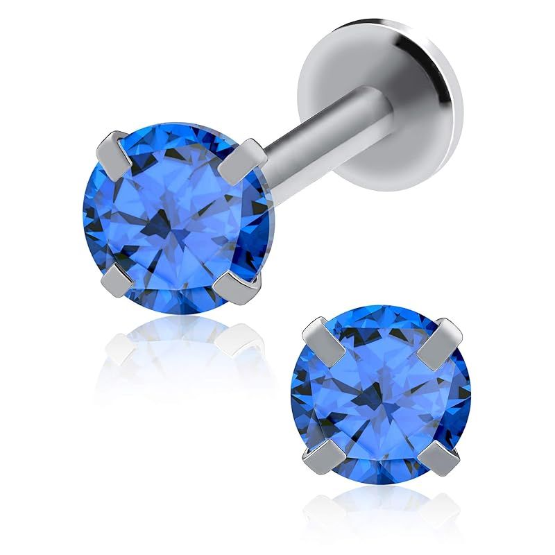 [From da Phactory] Set of 2 Standing Nail Jewel Labret Surgical Stainless Steel Cartilage Piercing Body Piercing Metal Allergy Compatible Internal (Silver Sapphire 16g Shaft 8mm Gem 3mm)