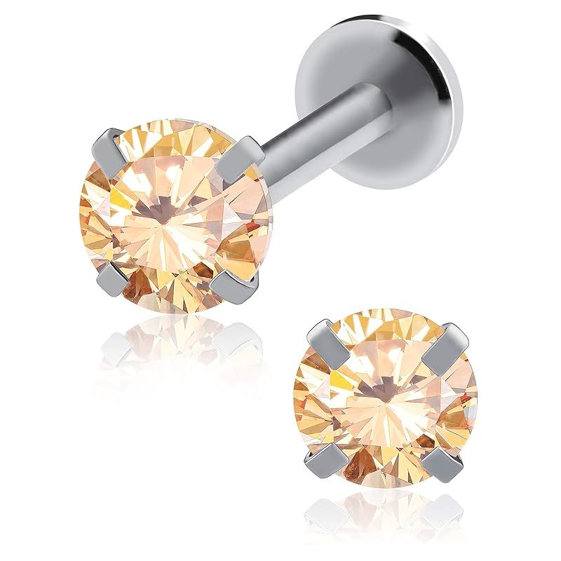 [From da Phactory] Set of 2 Standing Nail Jewel Labret Surgical Stainless Steel Cartilage Piercing Body Piercing Metal Allergy Compatible Internal (Silver Champagne Gold 14g Shaft 6mm Gem 4mm)