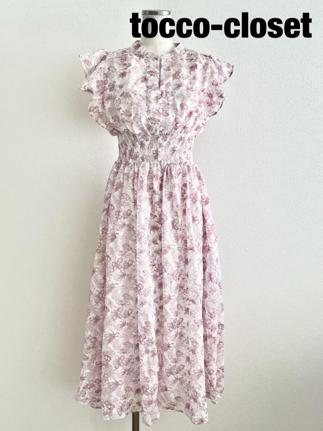 【新品】tocco-closet　トッコクローゼット　ペチコート付きシアージャガード×フラワープリントシャーリングワンピース　Mサイズ　ピンク　ペチコート付属　ロング　春夏　おしゃれ　送料込み　6466317