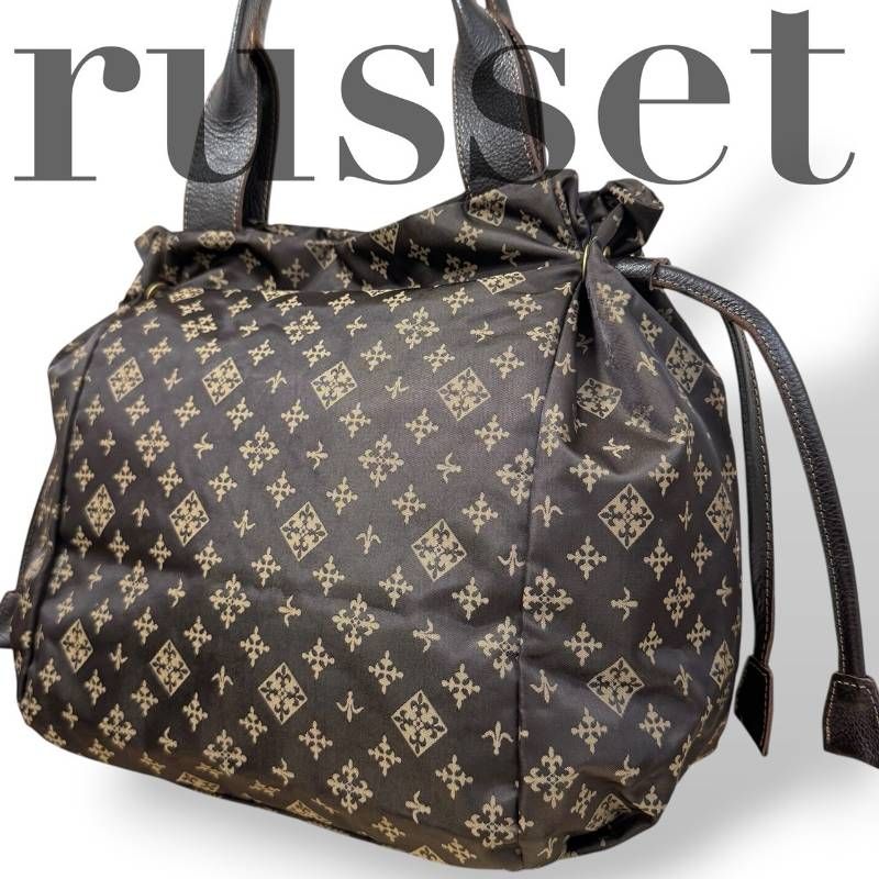 ☆★russet　ラシット★トートバッグ　肩掛け　ナイロン　ブラウン　巾着　総柄　ロゴ　日本製★2537