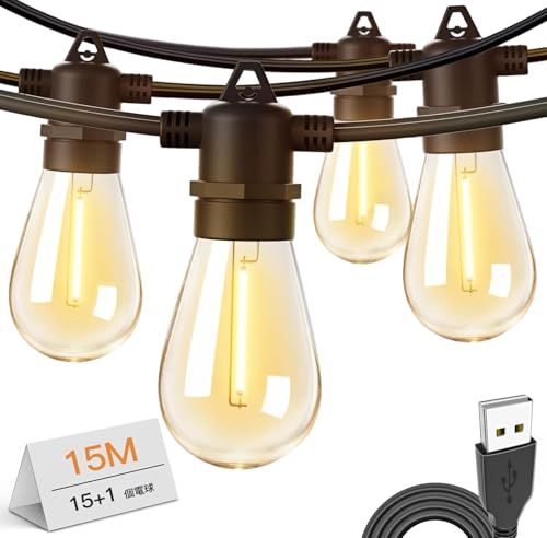 ストリングライト イルミネーション 15m 電球色 USB 5V低圧 PC素材 破損しにくい 15+1個電球 防雨型 室内/屋外 間接照明 Led String Lights Bulb テント キャンプ ライト 誕生日パーティー 新年 クリス 322fa52f