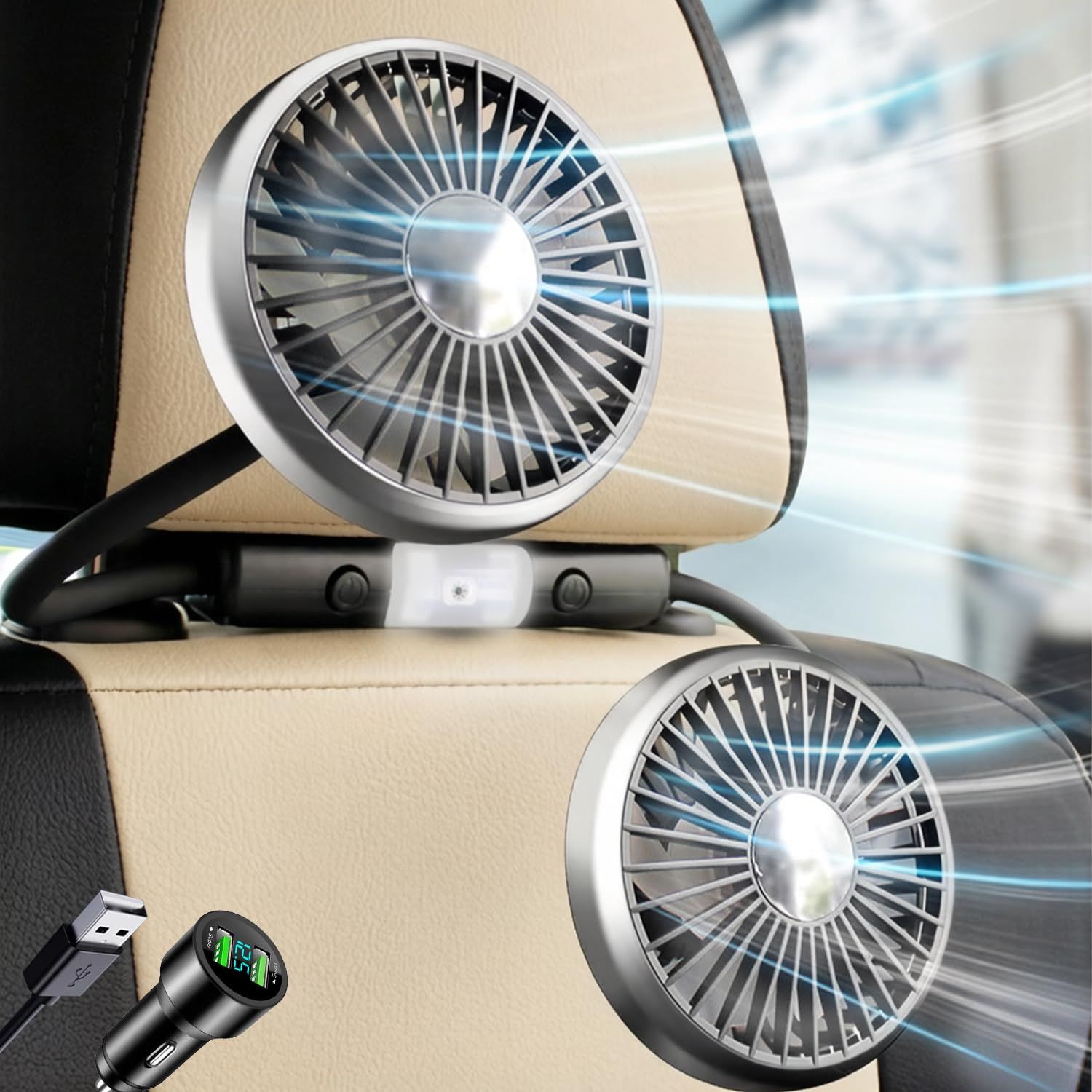 [JIEAIRUI] 2026新型 車載扇風機 車載ファン シガーソケット/USB 両用 後部座席 360度回転 LEDライド付き 3段階風量 長配線 扇風機 車 ヘッドレストファン 双頭タイプ 静音性アップ 取付簡単 父の日ギフト ドライブ 50516be8