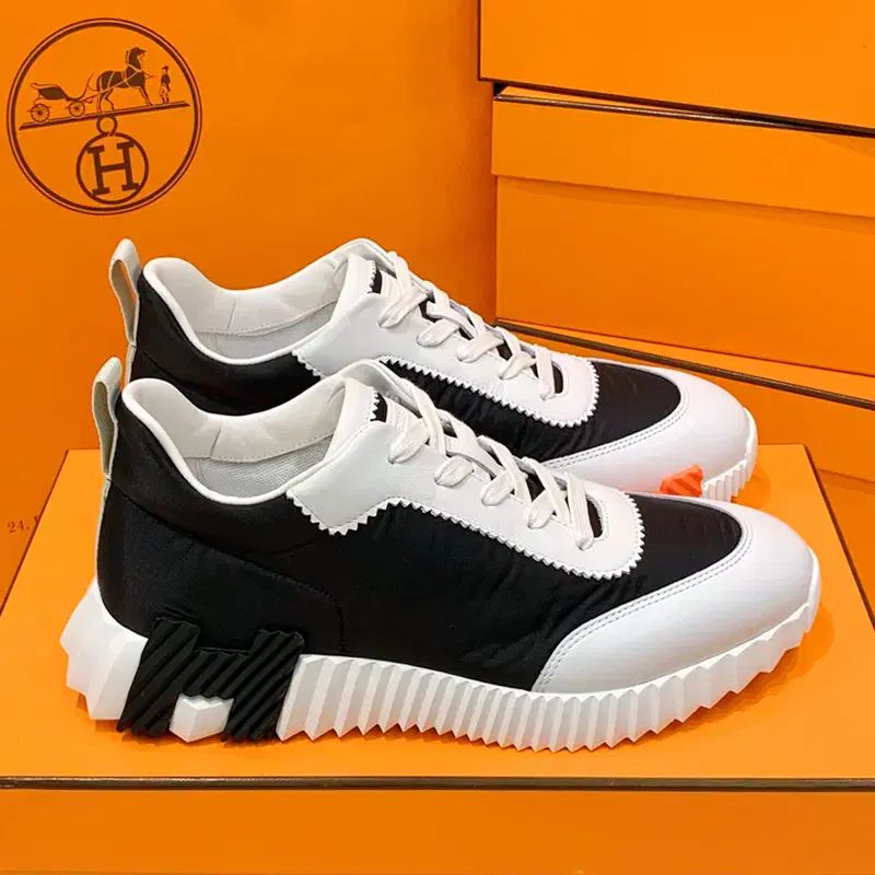 メンズ/Hermes エルメス バウンシング リップストップ ファブリック カーフスキン ブラック H ツートン スニーカー