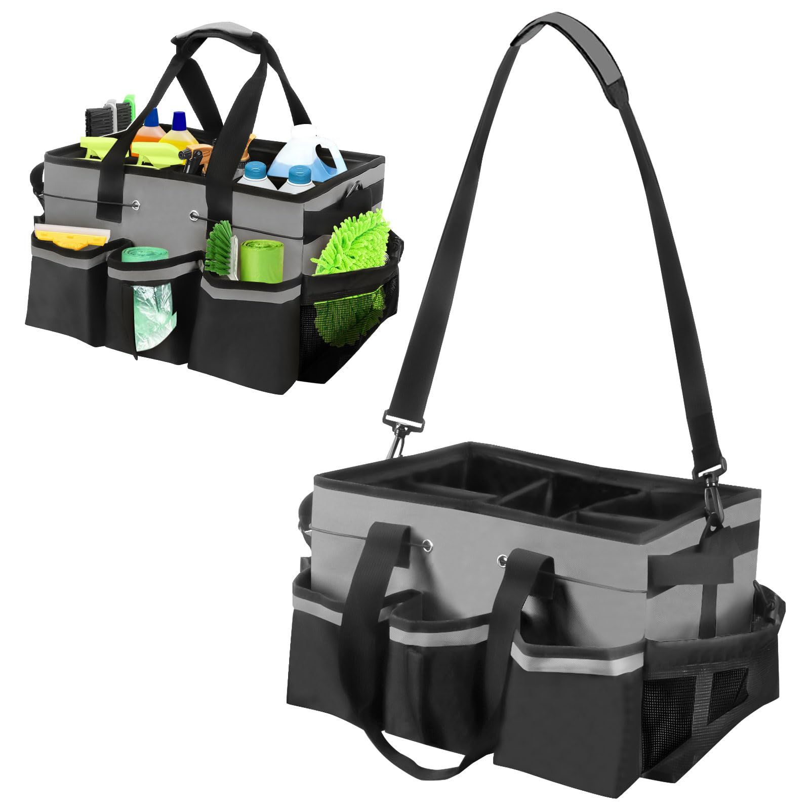 清掃用品収納バッグ 工具入れバッグ 多機能ポケット 防水 清掃スタッフ用ポーチ 2way コンパクト設計 ショルダーストラップ付き 取り外し可能な仕切り付き 作業用ケース 掃除道具 小物入れ 高耐久 クリーニングキャディバッグ cleanin 765184d3