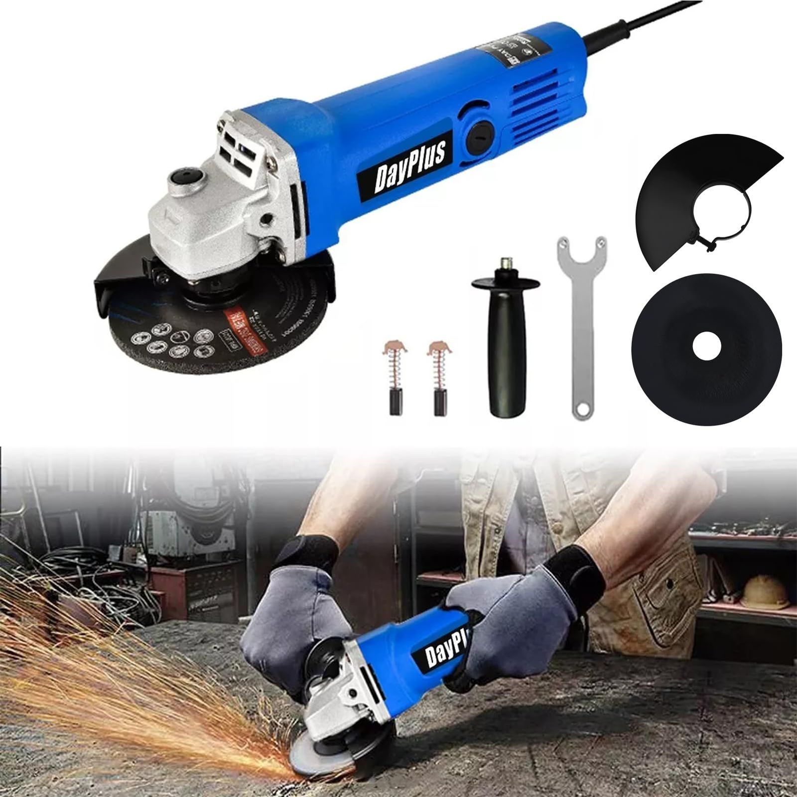 DayPlus ディスクグラインダー コード式 グラインダー 100mm 900W アングル 工具 DIY 研磨工具 オフセット砥石 カーボンブラシ付属 アングル軽量 サイドハンドル 日本語取扱説明書t