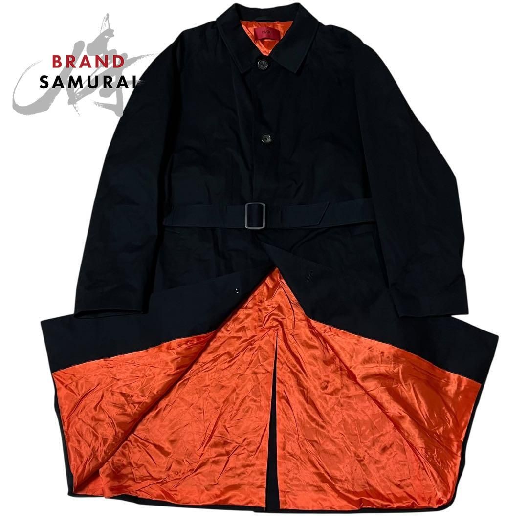 HUGO BOSS ヒューゴボス 総柄 ベルト付き ブラック オレンジ コットン ステンカラーコート メンズ I2-00037 【中古】 HUGO BOSS ヒューゴボス 総柄 ベルト付き ブラック オレンジ コットン