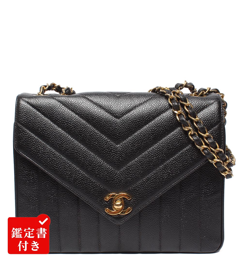 シャネル チェーンショルダーバッグ シェブロン Vステッチ ゴールド金具 シングルフラップ ダブルチェーン 2番台 レディース CHANEL
