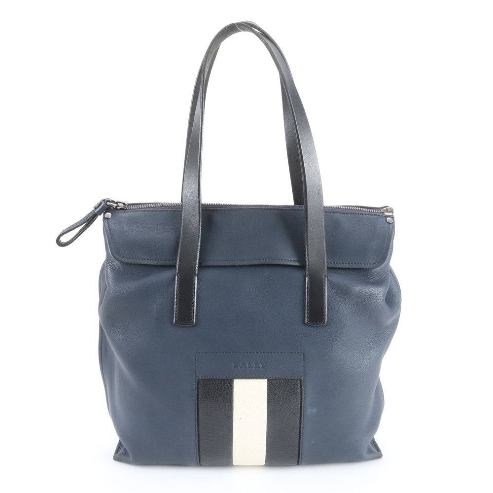 美品 バリー レザー トート バッグ ショルダー ビジネス 通勤 書類鞄 ネイビー ストライプ メンズ REE DZ14-9【中古】