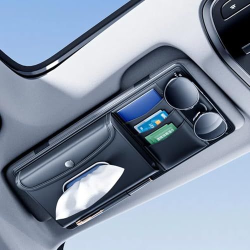 車用 サンバイザーポケット マグネット式多機能レザーカードホルダー 分け隔て収納+独立ティッシュボックス 落下防止 弾性バンド設計 全車種対応 耐熱無臭 33.5*15.5*4.3cm（ブラック）(沖縄・離島の方発送不可）) 70cf2794