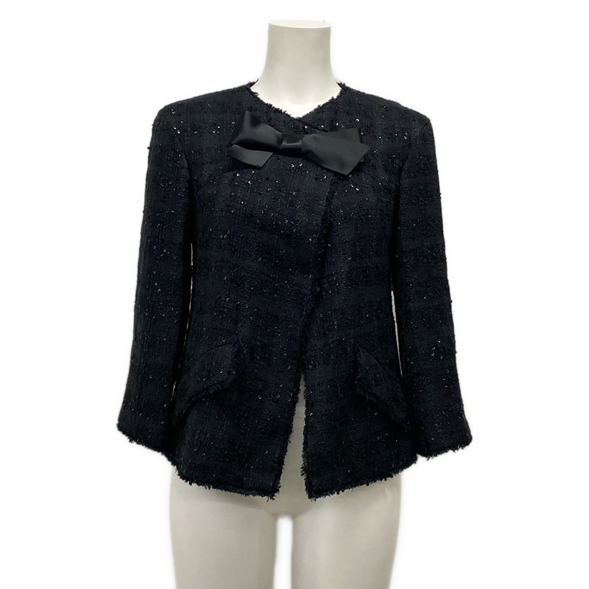 CHANEL(シャネル) ジャケット サイズ36 S レディース - P31020 黒 七分袖/ツイード/ノーカラー/スパンコール/リボン/秋/冬 コットン
