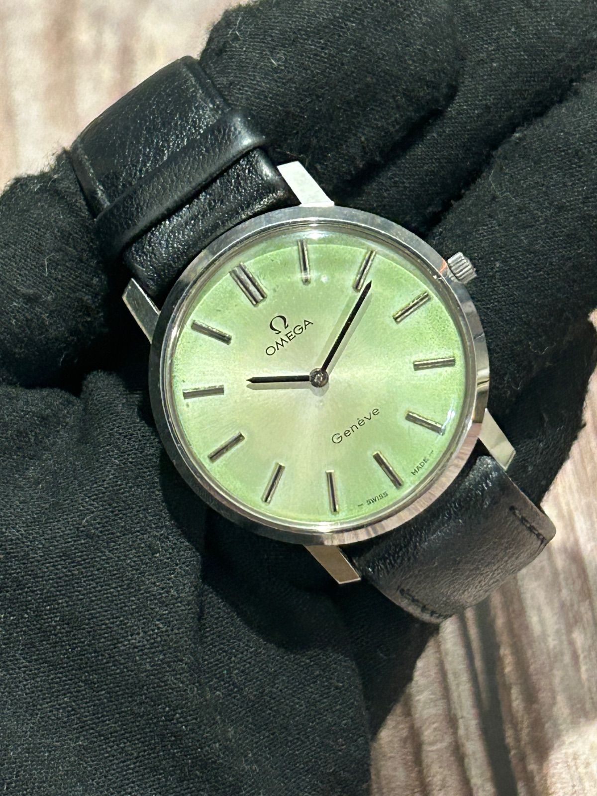 OMEGA Geneve オメガ ジュネーブ 手巻き メンズ腕時計 レザー グリーン