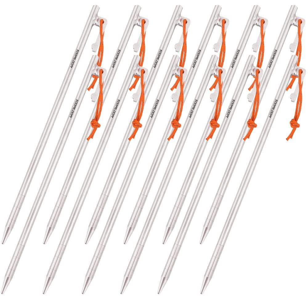 64チタン合金製 固定ロープ付き7.5mm25㎝12本入り タープ用ペグ/ステーク 高強度 耐食 Soomloomテント 超軽量 アウトドア/キャンプ用品
