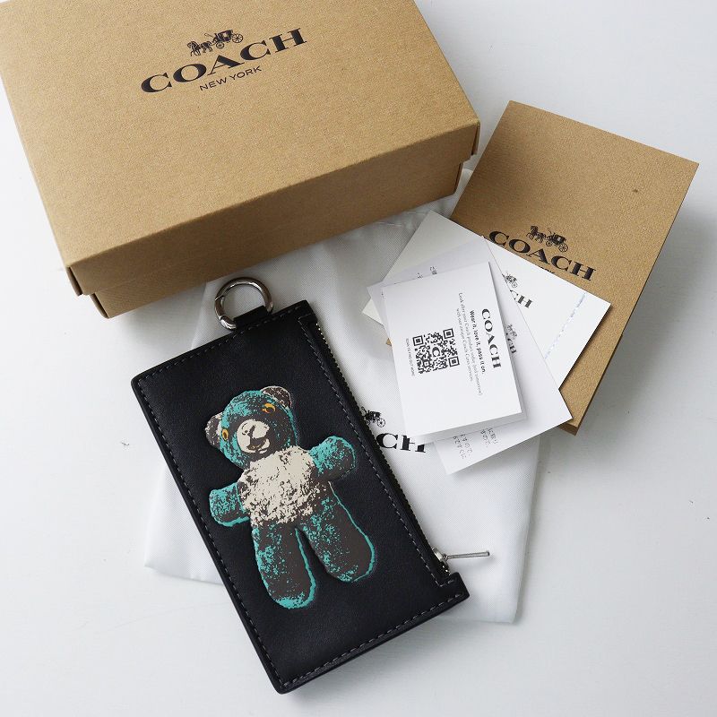 極美品 コーチ COACH ジップ カード ケース テディ グラフィック＼ブラック 名刺入れ パスケース レザー コインケース【2400014946864】